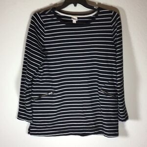 Merona Top Target Black White Stripe Scoop Neck Long Sleeve Zipper Pockets XL